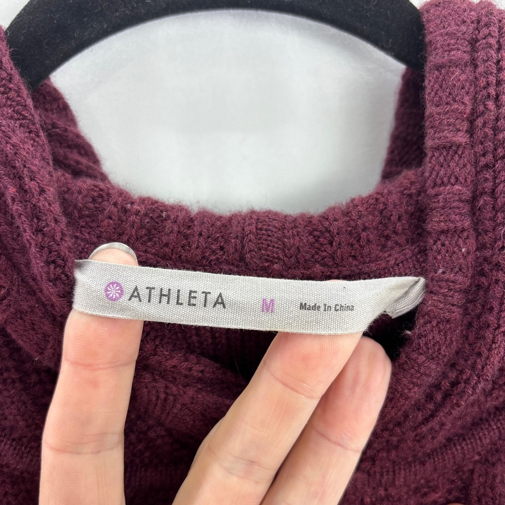 Athleta Merino Wool Cable Knit Hoodie Sweater Medium Burgundy Soft Warm Pullover - Picture 11 of 16